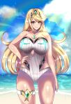  1girl 1girl 1girl alluring bare_legs big_breasts bikini blonde_hair cleavage female_only mythra nintendo one-piece_bikini sakurachanart02 swimsuit watermark xenoblade_(series) xenoblade_chronicles_2 yellow_hair 