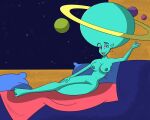  alien ba_after_dark bare_legs bare_shoulders barefoot big_head blue_skin buzz_lightyear_of_star_command full_body gravitina looking_at_viewer lounging nude pinup topless 