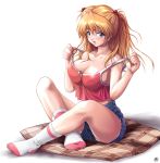 1girl asuka_langley_souryuu blue_eyes blush denim denim_shorts erect_nipples feet footwear neon_genesis_evangelion orange_hair red_hair shinozuka_jouji shinozuka_jyouji shorts sitting socks solo strap_slip tank_top