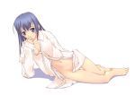 1girl barefoot blue_eyes blue_hair blush dress_shirt f-ism highres long_sleeves murakami_suigun naked_shirt no_bra no_panties shirt solo