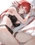 1girl alternate_costume bellmod3 blush changli_(wuthering_waves) lingerie on_bed sleepy solo_focus thighs twitter underwear wuthering_waves