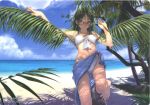 1girl barefoot beach bikini blue_eyes blue_sarong brown_hair cloud day front-tie_top glasses hentai hidari_(left_side) highres long_hair looking_at_viewer megane messe_sanoh nail_polish navel ocean outdoors palm_tree print_sarong purple_nails sarong sky solo swimsuit swimsuits toes tree tree_shade water white_bikini