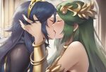  2_girls ai_generated bare_shoulders blue_hair bracelet closed_eyes crossover dress female female_only fire_emblem fire_emblem_awakening french_kiss green_hair highres kid_icarus kid_icarus_uprising kissing lesbian_couple lucina lucina_(fire_emblem) multiple_girls nintendo palutena palutena_(kid_icarus_uprising) passionate_kiss phyneo super_smash_bros. yuri 