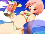  1girl ahoge akino_momiji banana bangs between_breasts bikini breasts cameltoe cherry cloud company_name covered_nipples cowboy_shot cup day dutch_angle eating food food_in_mouth fruit green_bikini highres holding ice_cream innertube kamiyoshi kamiyoshi_rika leaf_print looking_at_viewer mug navel outdoors pink_hair pocky red_eyes sakura_musubi short_hair side-tie_bikini_bottom sky small_breasts solo string_bikini striped striped_bikini sundae swimsuit thighs transparent wet white_bikini 