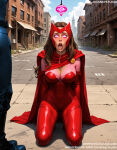 1boy 1girl 1girl ahegao ai_generated armor big_breasts blue_eyes blue_sky blush bodysuit boots breasts brown_hair building cape city cleavage clothing cloud day elbow_gloves english_language english_text footwear gloves glowing_eyes heart hetero hypnosis jousneystudio kneel long_hair looking_at_viewer male marvel marvel_comics mind_control navel open_mouth outside pendulum purple_eyes red_bodysuit red_cape saliva scarlet_witch sky solo_focus superhero superheroine teeth text thighs tongue