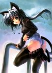 1girl animal_ears ass black_legwear black_thighhighs boots casual cat_ears cat_tail cutoffs denim denim_shorts duplicate from_behind hentai highres legs looking_back miwa_yoshikazu original short_shorts shorts solo tail tail_hole thighhighs torn_clothes