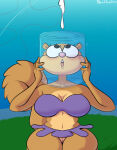 1girl 1girl 2021 anthro big_breasts bodily_fluids breasts brown_body brown_fur cleavage clothed clothing cum cum_drip davidsanchan dripping front_view fur genital_fluids genitals high_res jar looking_up mammal nickelodeon portrait pussy rodent sandy_cheeks sciurid spongebob_squarepants straight_hair three-quarter_portrait tree_squirrel