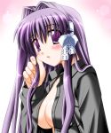  1girl blush breasts clannad cleavage fujibayashi_kyou hair_intakes hair_ribbon hair_tousle hentai long_hair no_bra open_clothes open_shirt otoki_raku purple_eyes purple_hair ribbon shirt solo 