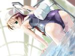  1girl 4:3_aspect_ratio arm_support ass bent_over braid breasts brown_hair clothing dutch_angle female floatie flotation_aid flotation_belt from_behind gift_art green_eyes head_wings hentai indoors komatsu_e-ji ladder long_hair looking_back mizugi non-web_source one-piece_swimsuit original partially_submerged pool pool_ladder potential_duplicate shiny shiny_clothes sideboob signature small_breasts solo sukumizu swim_cap swimsuit tank_suit tied_hair twin_braids wading wallpaper water wet winged_hat 