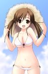 1girl bikini breasts brown_eyes brown_hair cleavage front-tie_top hat hentai long_hair lowleg lowleg_bikini original shiou_tsuyukusa side-tie_bikini smile solo straw_hat string_bikini swimsuit twintails white_swimsuit