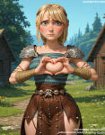 1girl 1girl 1girl ai_generated armor astrid_hofferson bangs bare_shoulders blonde_hair blue_eyes blue_sky blush bracer braid breasts brown_skirt cleavage closed_mouth clothing day dress embarrassed female_only flower forest grass heart heart_hands how_to_train_your_dragon jousneystudio lips looking_at_viewer medium_breasts mole_on_body nature nipples nose outside short_hair shoulder_armor skirt sky standing tied_hair tree white_flower