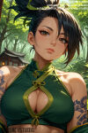 1girl 1girl 1girl ai_generated akali akali_(league_of_legends) architecture arm_tattoo bangs bare_shoulders big_breasts black_hair blush breasts brown_eyes cleavage cleavage_cutout closed_mouth clothing clothing_cutout crop_top day east_asian_architecture english_text female_only forest green_ribbon green_shirt hair_ribbon jewelry jousneystudio league_of_legends lips long_hair looking_at_viewer midriff nature navel outside ponytail ribbon shoulder_tattoo sleeveless smile tattoo tied_hair tree upper_body