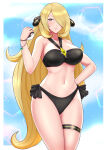 1girl alluring big_breasts bikini black_bikini black_swimsuit blonde_hair bracelet cynthia cynthia_(pokemon) grey_eyes hair_ornament hair_over_one_eye holding_poke_ball kaos_art long_hair looking_at_viewer mega_stone midriff milf navel nintendo pokeball pokemon pokemon_dppt side-tie_bikini side-tie_swimsuit swimsuit thigh_strap ultra_ball z-crystal