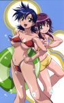 2girls :d akahori_gedou_hour_rabuge bikini blue_hair breasts brown_eyes green_eyes grin hentai highres innertube multiple_girls o-ring_top open_mouth purple_hair sashima_kaoruko scan smile swimsuit untied yoshizumi_aimi