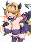  1girl 1girl alluring bangs bending_over big_breasts blonde_hair cleavage core_crystal gold_eyes gonzarez halloween heroine high_res horns leaning_forward light-skinned_female light_skin long_hair looking_at_viewer mythra nintendo succubus succubus_costume swept_bangs tail tail_accessory xenoblade_(series) xenoblade_chronicles_2 