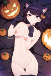  big_breasts cat_ears cat_gloves cat_tail halloween_costume komi-san_wa_komyushou_desu komi_shouko long_hair looking_at_viewer nekom14 nipples pumpkin purple_eyes purple_hair pussy 