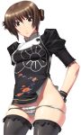  1girl bare_shoulders black_dress black_thighhighs brown_eyes brown_hair chai_xianghua china_dress chinese_clothes dress kansuke panties panty_pull photoshop_(medium) solo soulcalibur thighhighs underwear 