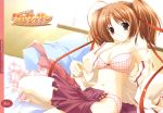 1girl akizono_koyuki bra brown_eyes brown_hair dress_shirt hentai highres kusakabe_rei lace-trimmed_panties lingerie little_(artist) miniskirt navel open_clothes open_shirt open_skirt panties pink_panties polka_dot polka_dot_bra polka_dot_panties ribbon shirt short_twintails sitting skirt solo strap_slip thighhighs twintails underwear undressing wallpaper white_legwear white_thighhighs yakitate_croissant