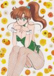 1990s_(style) 1girl 1girl absurd_res alluring animal_ears bishoujo_senshi_sailor_moon brown_hair cleavage detached_collar fake_animal_ears female_focus high_res legs leotard long_hair lying makoto_kino marker_(medium) pantyhose plant playboy_bunny ponytail rabbit_ears rabbit_tail rascal_(n119) retro_artstyle sailor_jupiter tail traditional_media wrist_cuffs