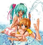 2girls ;d ass bikini blush breast_rest breasts cleavage crossed_arms hentai hose lying multiple_girls on_stomach one-piece_tan one_eye_closed open_mouth sitting smile soles spread_legs strap_lift swimsuit tan tanline topless water wink