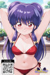  1girl ai_generated armpits arms_behind_head arms_up bangs bikini blush breasts closed_mouth clothing cloud day double_bun hair_bun hair_ornament halterneck littlehentai long_hair looking_at_viewer medium_breasts navel outside plant potted_plant purple_hair ranma_1/2 red_bikini red_eyes savitar savitar_(artist) shampoo_(ranma_1/2) side-tie_bikini_bottom sidelocks smile string_bikini swimsuit tied_hair 