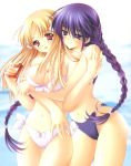 2girls :d absurdres azuma_hatsumi azuma_hazuki belly bikini blonde_hair blue_eyes blue_hair blush braid breast_hold breasts carnelian cleavage couple front-tie_top hair hair_ribbon hentai highres hug hug_from_behind hugging large_breasts long_hair lotion multiple_girls mutual_yuri navel open_mouth pink_eyes purple_eyes purple_hair red_eyes ribbon side-tie_bikini smile standing sunscreen suntan_lotion swimsuit swimsuits thigh_gap twin_braids very_long_hair white_bikini white_swimsuit yami_to_boushi_to_hon_no_tabibito yuri