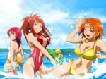 00s 3girls beach bikini blue_eyes cleavage_cutout clothing_cutout cloud mai-hime multiple_girls my-hime ocean orange_hair purple_eyes red_hair short_hair sparkle sugiura_midori sun swimsuit tokiha_mai unzipped water_gun wet yuuki_nao