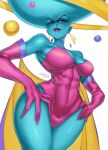 1girl 1girl alien alien_girl bald big_breasts big_head blue_skin buzz_lightyear_of_star_command cowboy_shot disney female_only gofa gravitina hands_on_hips hyper_head leotard lipstick makeup pixar solo_female white_background wide_hips