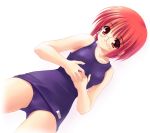  1girl :/ akamaru ass_visible_through_thighs bangs blue_one-piece_swimsuit blush breasts closed_mouth cowboy_shot crotch dutch_angle glasses hand_on_own_stomach legs_apart looking_at_viewer nose_pads old_school_swimsuit one-piece_swimsuit original own_hands_together red_eyes red_hair rimless_eyewear school_swimsuit short_hair simple_background small_breasts solo standing swimsuit 