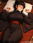  1girl 1girl 1girl ai_generated alcohol avatar:_the_last_airbender bangs bed bed_sheet big_breasts black_dress black_hair black_kimono blunt_bangs blush bottle breasts closed_eyes closed_mouth clothing cup curvaceous double_bun dress drunk female_only futon hair_bun hands_up indoors jousneystudio kimono lips long_hair long_sleeves looking_at_viewer lying mai_(avatar) mature mature_female on_back on_bed on_side original parted_lips pillow robe sash sidelocks single_hair_bun sleeping tatami thighs tied_hair traditional_clothes twin_tails wafuku wide_sleeves 