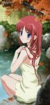  1girl autumn blue_eyes blush da_capo da_capo_i highres leaf long_hair looking_at_viewer naked_towel onsen photoshop_(medium) red_hair shimazawa_noriko shirakawa_kotori solo towel 