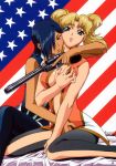 2girls america american_flag androgynous bed bed_sheet blonde_hair blue_eyes blue_hair breast_grab breast_squeeze breasts center_opening dark-skinned_female dark_skin fingering flag flag_background grabbing groping gun hair_over_one_eye handgun head_tilt holding holding_gun holding_weapon hug hug_from_behind jpeg_artifacts large_breasts long_hair luna_(godannar) multiple_girls nakatani_seiichi no_bra no_panties pilot_suit reach-around red_eyes reverse_trap revolver scan shadow_(godannar) sheet_grab shinkon_gattai_godannar!! short_hair signature sitting sleeveless twintails uniform weapon yuri