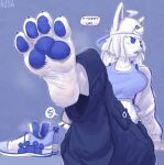  1girl 1girls barefoot baseball_cap blue_pawpads crop_top crossed_legs discord discord_(app) discord_chan feet foot_fetish furry furry_only messy_hair paws rz54 rz54_(rz54) sweat sweatdrop white_fur white_paws 