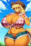 1girl ai_generated anthro applejack applejack_(mlp) big_breasts bimbo blonde_hair dan16369336 green_eyes my_little_pony my_little_pony:_friendship_is_magic panties shorts solo twitter_link underboob yellow_eyes