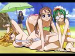 4girls armpit beach bikini blonde_hair blue_eyes breasts brown_hair choujuushin_gravion curves eina everyone glasses gonzo gravion green_hair gusuku_luna hair hentai large_breasts leele lips long_hair luna_gusuku makoto_uno masami_obari mizuki_tachibana multiple_girls official_art oobari_masami pussy sexy_body sling_bikini swimsuit tachibana_mizuki umbrella v-string