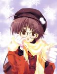 brown_eyes brown_hair clothing gloves high_resolution megane mitsumi_misato original scan scarf snow snowflakes