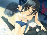  1girl :o arm_support aruruw_to_asobo!! bangs black-framed_glasses black_hair black_legwear black_serafuku blue_eyes bow bow_bra bra breasts buruma buruma_pull clothes_removed double_vertical_stripe dutch_angle erect_nipples frilled_bra frilled_panties frills from_above game_cg glasses grey_skirt gym_uniform hentai indoors kneehighs knees_together_feet_apart kurihara_touko lingerie long_hair looking_at_viewer lowleg lowleg_panties mitsumi_misato nakamura_takeshi on_floor open_mouth panties pleated_skirt raised_eyebrows school_uniform serafuku shade shadow shirt_removed side-tie_panties sideboob sitting skirt skirt_removed solo sweat table tears tenshi_no_inai_12-gatsu thigh_gap touko_kurihara underwear undressing wariza white_bra white_panties wooden_floor 