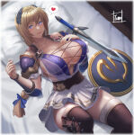 1girl alluring bed big_breasts blonde_hair blue_eyes cleavage long_hair lying milf project_soul shield silf skirt sophitia_alexandra soul_calibur soul_calibur_ii soul_calibur_iii soul_calibur_vi stockings sword tomo_eokaiteru weapon