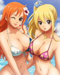 2_girls alluring bare_legs big_breasts bikini bikini_top_only blonde_hair cleavage crossover curvy fairy_tail female_only long_hair lucy_heartfilia naked_from_the_waist_down nami one_piece orange_hair outside ponytail rakara11