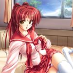 1girl :o arm_support bangs bed belly_peek blouse blush breasts brown_eyes cg cloud curtains day embarrassed game_cg hentai indoors kousaka_tamaki leaning long_hair long_sleeves looking_at_viewer miniskirt neckerchief on_bed panties pantyshot pantyshot_(sitting) pantyshot_sitting pleated_skirt pocket red_hair red_skirt ribbon school_uniform schoolgirl seifuku serafuku sitting skirt sky solo surprised taut_clothes tenmaso thighhighs to_heart_2 tree underwear undressing untied white_legwear white_panties white_thighhighs window yellow_eyes yokozuwari zettai_ryouiki