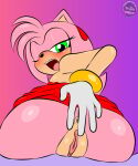  1girl 1girl absurd_res accessory amy_rose anthro anus ass breasts butt_focus clothed clothing eulipotyphlan fur genitals gloves green_eyes hair hair_accessory half-closed_eyes hand_on_butt handwear hedgehog high_res looking_at_viewer looking_back looking_back_at_viewer looking_pleasured mammal narrowed_eyes one_eye_closed open_mouth partially_clothed pink_body pink_fur pink_hair pussy sega sega sirjzau sonic_the_hedgehog_(series) tail 