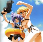  2_human 2girls al_azif armpits big_breasts bikini breasts clothed demonbane dunsany female female_human flat_chest floating_tire glasses gun hair halftone handgun high_res highres huge_breasts innertube leica leica_(demonbane) moire multiple_girls nishii_(nitroplus) outdoors pistol scan standing swimsuit underboob weapon wink 