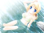  1girl blonde_hair blue_eyes blush bra cradle_song game_cg green_bra green_panties hentai lingerie nipples panties river selenia_lasmoon solo strap_slip tenmaso underwear underwear_only water wet 