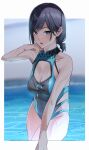 1girl alluring big_breasts bikini black_and_blue_hair blue_eyes cleavage dead_or_alive dead_or_alive_xtreme_venus_vacation one-piece_bikini reika_(doa) slope_(artist) swimming_pool tecmo