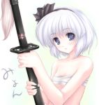  1girl bare_shoulders blue_eyes bust collarbone female flat_chest hairband hentai katana konpaku_youmu light_smile looking_at_viewer myon_(phrase) sarashi scabbard sheath sheathed short_hair silver_hair solo sword tassel tateha_(artist) touhou underwear underwear_only upper_body weapon white_hair 