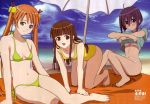  3girls :&lt; ahoge all_fours arm_support bangs barefoot beach beach_towel beach_umbrella bell bikini bikini_under_clothes black_hair blue_eyes blue_sky blunt_bangs blush breasts brown_eyes casual_one-piece_swimsuit clothes_lift cloud crease crossed_arms day feet green_bikini green_eyes groin hair_bell hair_between_eyes hair_ornament head_tilt heterochromia highres kagurazaka_asuna katou_hatsue konoe_konoka light_smile long_hair looking_at_viewer lowleg lowleg_bikini mahou_sensei_negima! megami_magazine miyazaki_nodoka multiple_girls narrow_waist navel non-web_source ocean official_art one-piece_swimsuit open_mouth orange_hair outdoors parted_bangs purple_hair reclining scan shade shirt shirt_lift short_hair side-tie_bikini_bottom sidelocks sitting sky small_breasts smile string_bikini swimsuit t-shirt towel twintails umbrella undressing very_long_hair water white_bikini wide_hips yokozuwari 