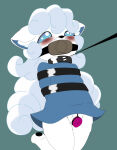  1girl 1girl absurd_res alolan_form alolan_vulpix anthro anthrofied black_body black_fur black_nose black_pawpads blue_eyes blush clothed clothing collar dress ember_(disambiguation) fur generation_7_pokemon high_res leash multi_tail nintendo pawpads pokemon pokemon_(species) pokemorph regional_form_(pokemon) reimon tail white_body white_fur 