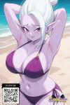 1girl ai_generated armpits arms_behind_head arms_up beach big_breasts bikini bikini_bottom blush breasts clavicle cleavage closed_mouth clothing colored_skin day dragon_ball hair_bun littlehentai long_hair looking_at_viewer navel ocean outside pointed_ears ponytail purple_bikini purple_eyes purple_skin purple_swimsuit sand savitar savitar_(artist) side-tie_bikini_bottom single_hair_bun sky smile stomach swimsuit thighs tied_hair water white_hair