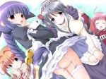 4girls anger_vein aojiru ass braided_hair brown_hair closed_eyes grey_eyes grey_hair hanamaru! leggings maid maid_headdress maid_uniform multiple_girls pantyshot purple_hair red_hair sad striped_panties tinkerbell_(company) upskirt waving waving_at_viewer