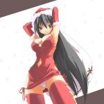  1girl armpits arms_behind_head arms_up black_eyes black_hair blush breasts christmas cleavage dress elbow_gloves eyebrows eyebrows_visible_through_hair from_below gloves hands_behind_head hat hentai long_hair navel original panties pantyshot pantyshot_(standing) red_dress red_gloves red_skirt santa_costume santa_hat skirt snowflakes snowing solo standing sun-3 thighhighs thighs underwear upskirt very_long_hair white_panties 